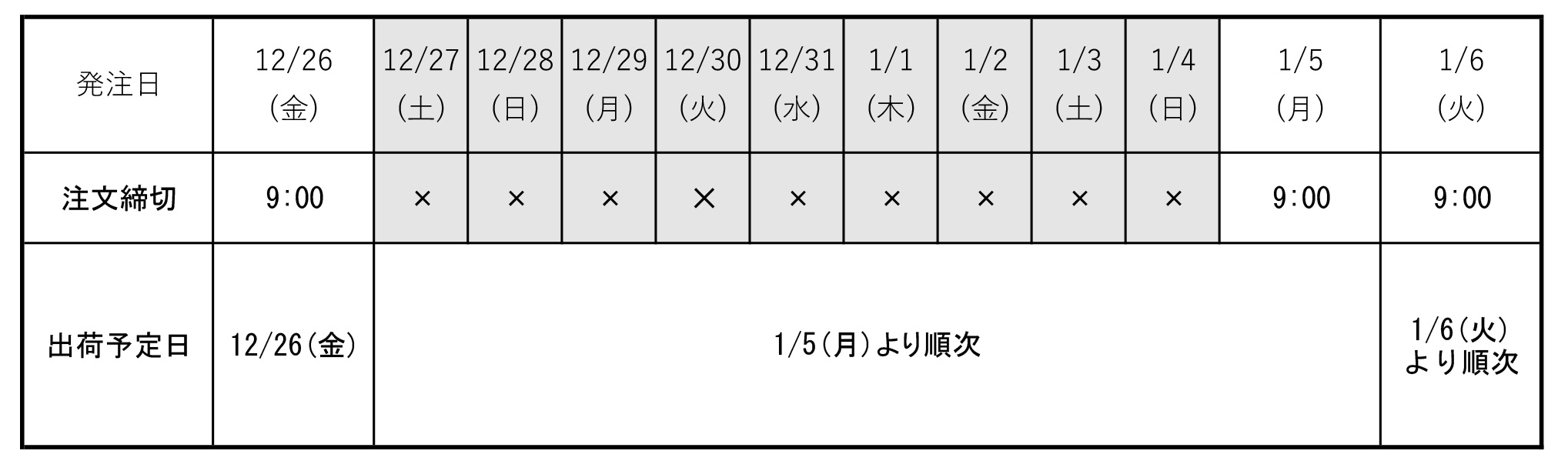 年末年始休業のお知らせ